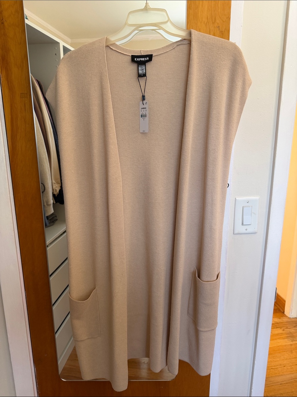 Express Beige Long Open-Front Pocket Cardigan Vest